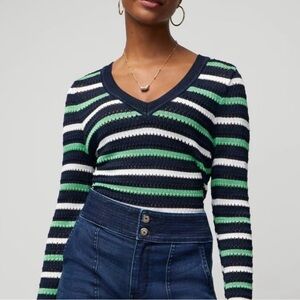 White House Black Market Striped V-Neck Pullover Sweater, Large